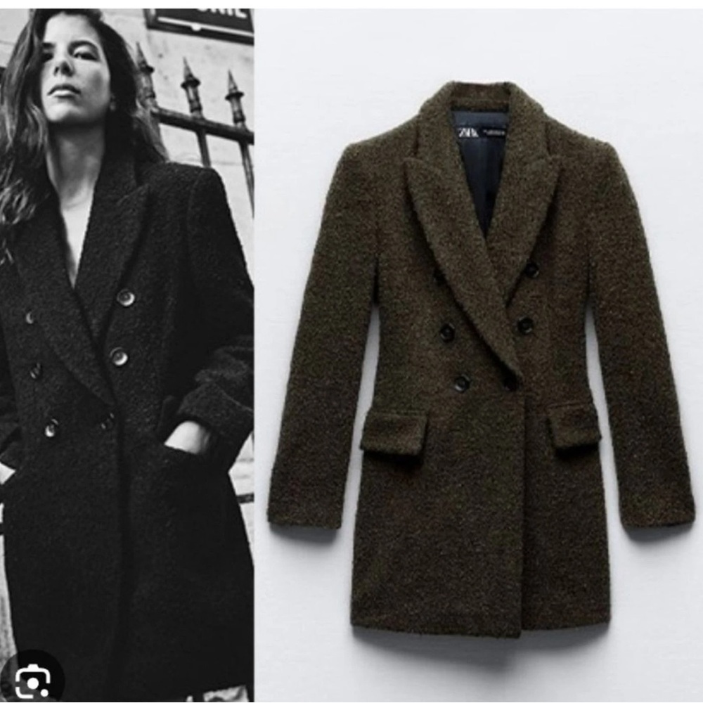 ZARA LONG DOUBLE-BREASTED Coat Wool Blend Green Sz S